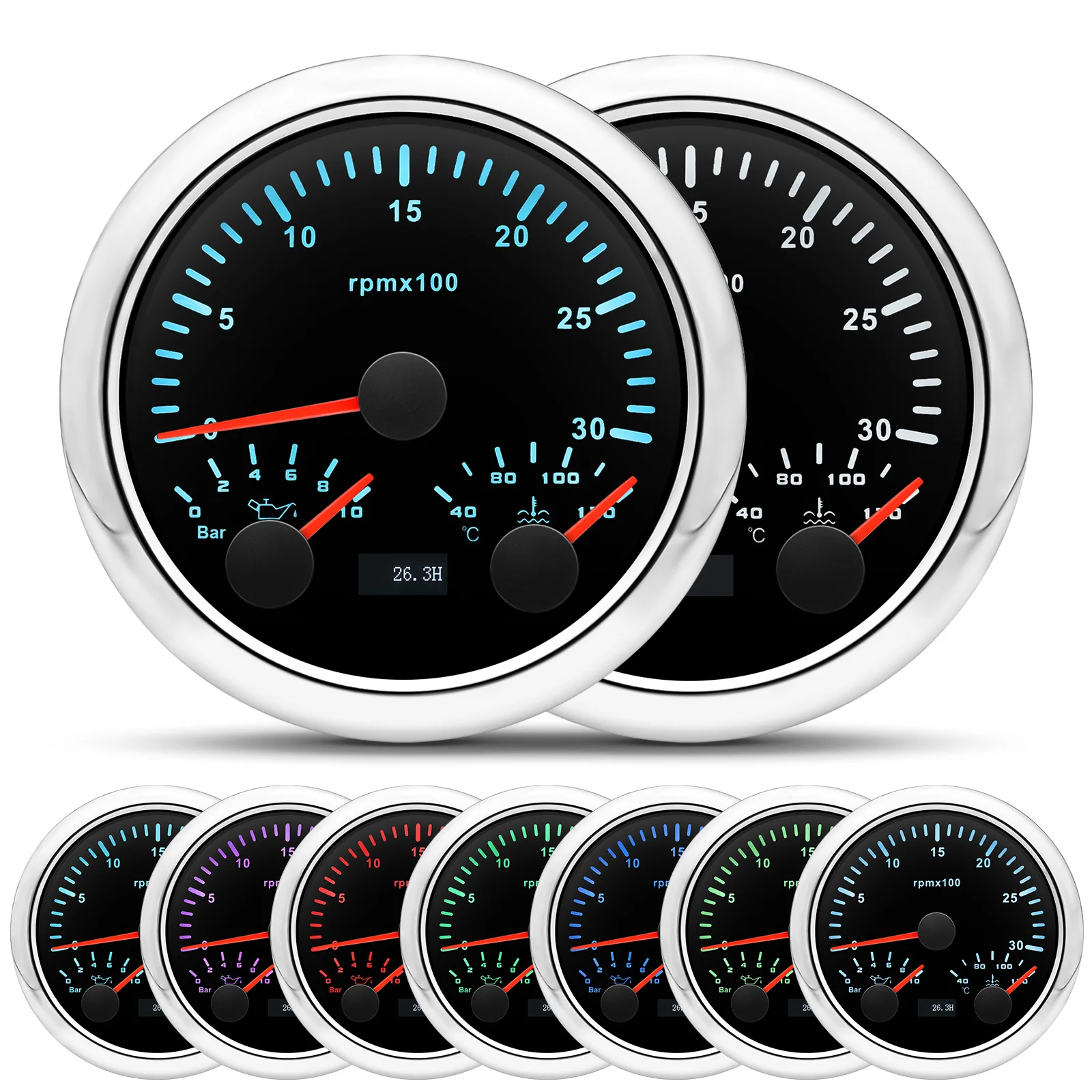 85mm 3 in 1 Gauge Tachometer Oil Pressure 0-10Bar Water Temp 40-120℃ For 12V 24V Car Boat Tacho 6000RPM Meter 7 Color Backlight