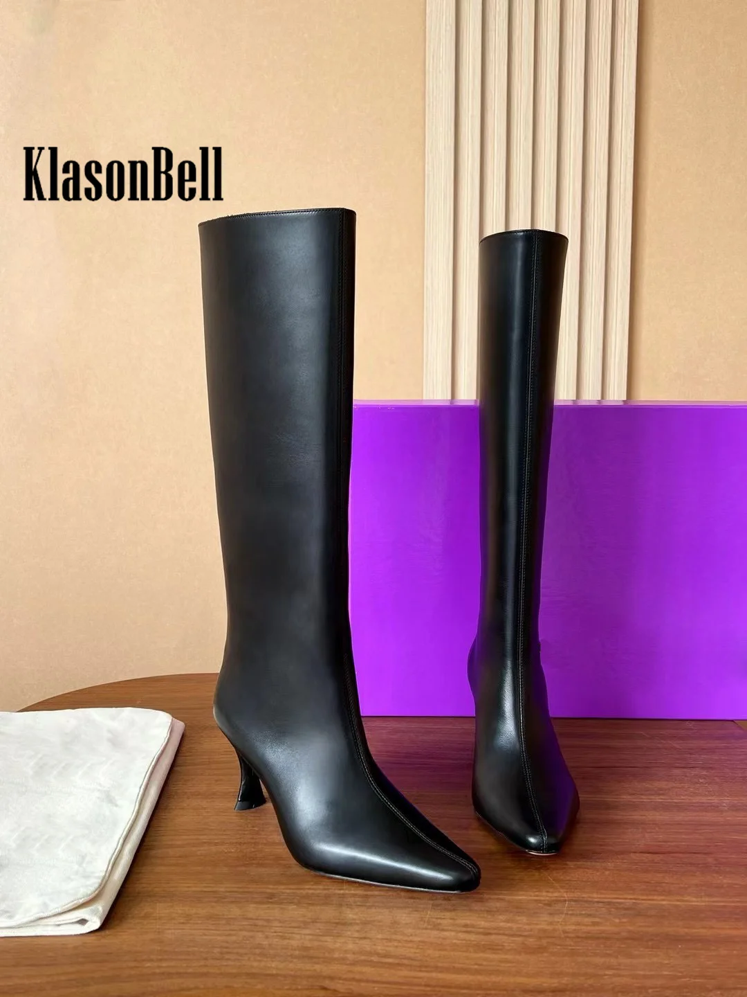 9.21 KlasonBell Genuine Leather High Band Boots For Women Thin Mid Heels Sewing Pointed Toe Modern Boots