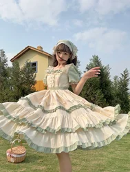 Japanese Gothic Lolita Skirt Women Kawaii Bow Bear Lace Green Dress Long Sleeve Princess Dress Halloween Costume Gift For Girls