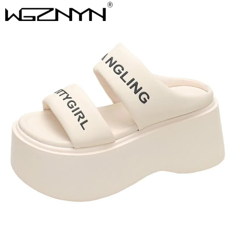 

NEW Women Platform Slippers 2024 Summer Designers Chunky Wedge Shoes Beach Flip Flops Woman Outdoor 8CM Heels Leather Sandalias