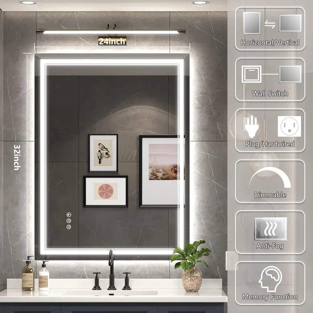 مرآة حمام مضيئة بإضاءة LED مقاس 24 × 32 بوصة مع إضاءة أمامية وخلفية، قابلة للتعتيم، مضادة للضباب، مرآة زينة مقاومة للماء #3