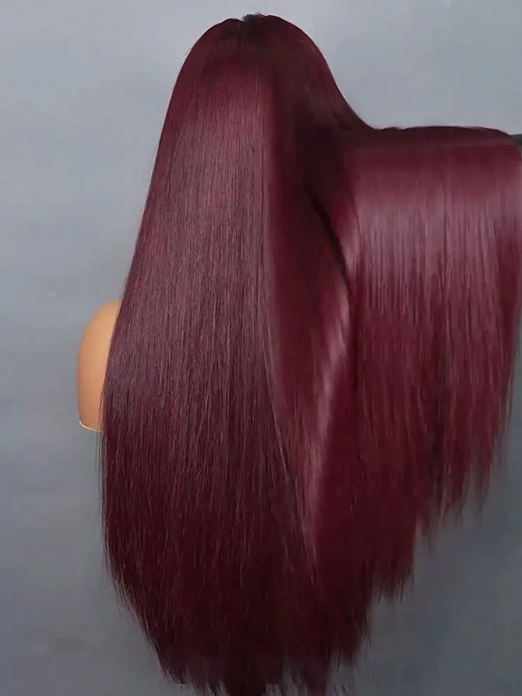 

34Inch 99J Burgundy 13x6 HD Transparent Bone Straight Human Hair Wigs 100% Brazilian Human Hair Wigs Pre Plucked 250 Density