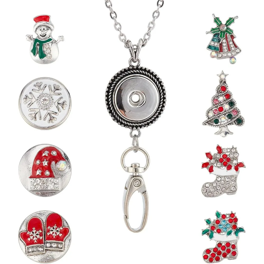 1 Box 8 Styles Christmas Lanyard ID Badge Lanyards Keychain Lanyard Set Fancy Rhinestone Snap Button Lanyard making kit