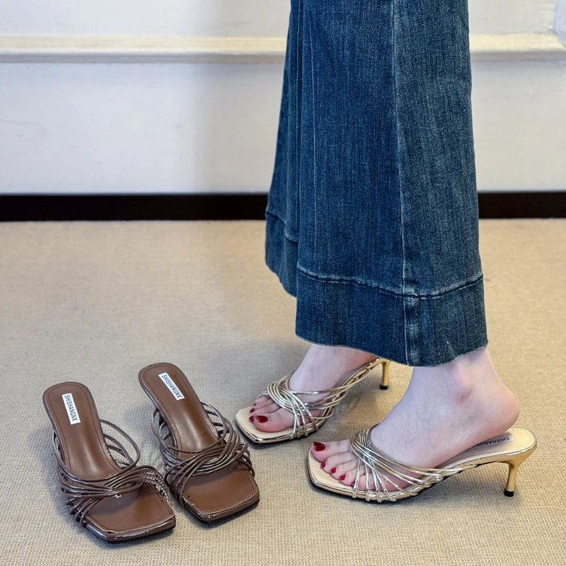 

Sexy Square Toe Thin Heel Solid Slip on New Arrivals Fashion Women Modern Shoes Slides Women Cross Tied Fashion Luxury Slippers