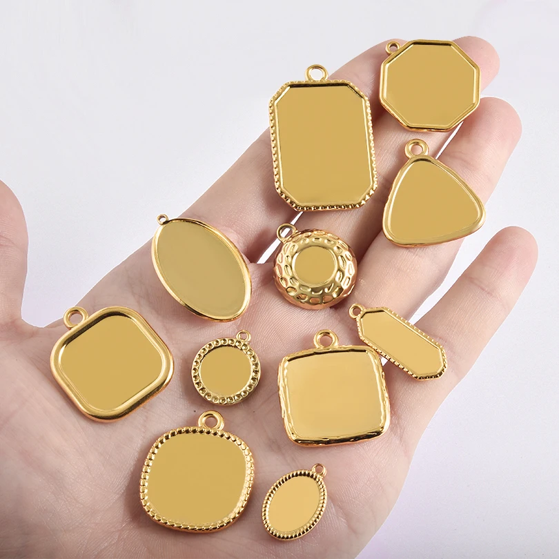 5pcs Gold Color Blank Cabochon Base Setting Charm Rectangle Square Geometric Stainless Steel Pendant For Jewelry Making Supplies