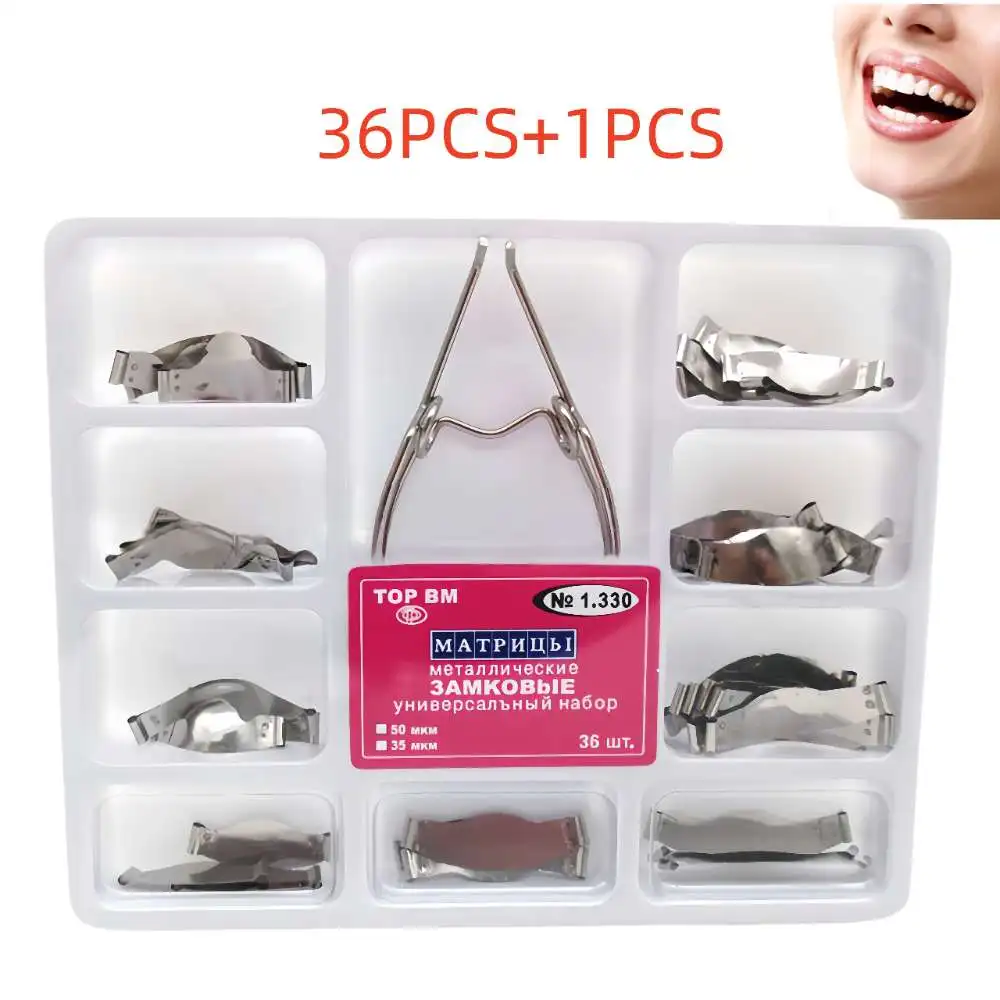 Dental Sectional Matrix System Stainless No.1.330 Steel Contoured Matrices with Ledges, Bands Spring Clip for Dental Restoration