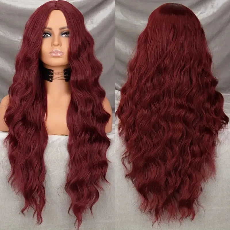 Burgundy Wig Long Water Wavy Middle Part Wigs For Women Synthetic Natural Looking Party Christmas Cosplay Wig 28 Inch