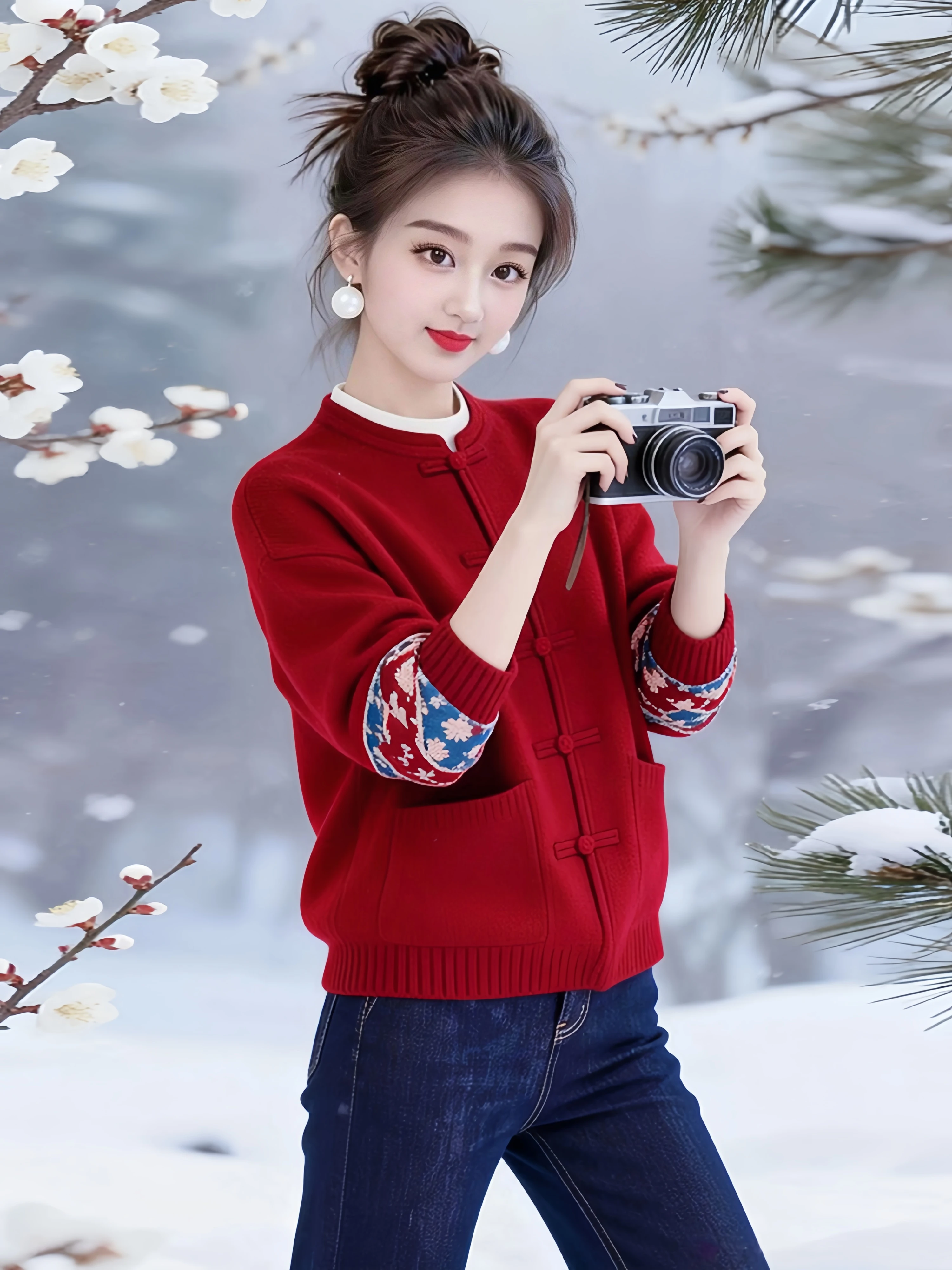 

Christmas Theme Knitted Sweater Women's Base Layer Top Red Color New Year Style Commute Fashion Loose Fit Long Sleeve Knitwear