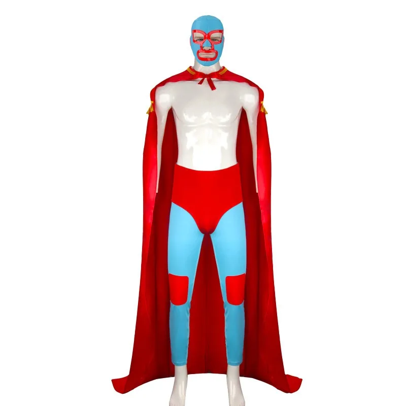 Adult Men Nacho Cosplay Costume Libre Red Cloak Mask Pants Shorts Full Set Outfits Mexican Wrestling Halloween Cos Outfits