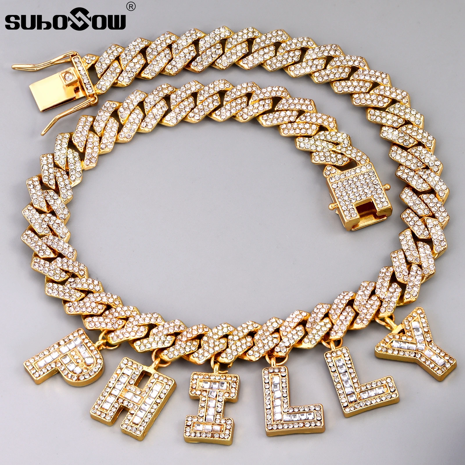 14MM Custom DIY Name Letter Cuban Link Chain Necklace Iced Out Baguette Rhinestone Alphabet Initial Necklace Men Hip Hop Jewelry