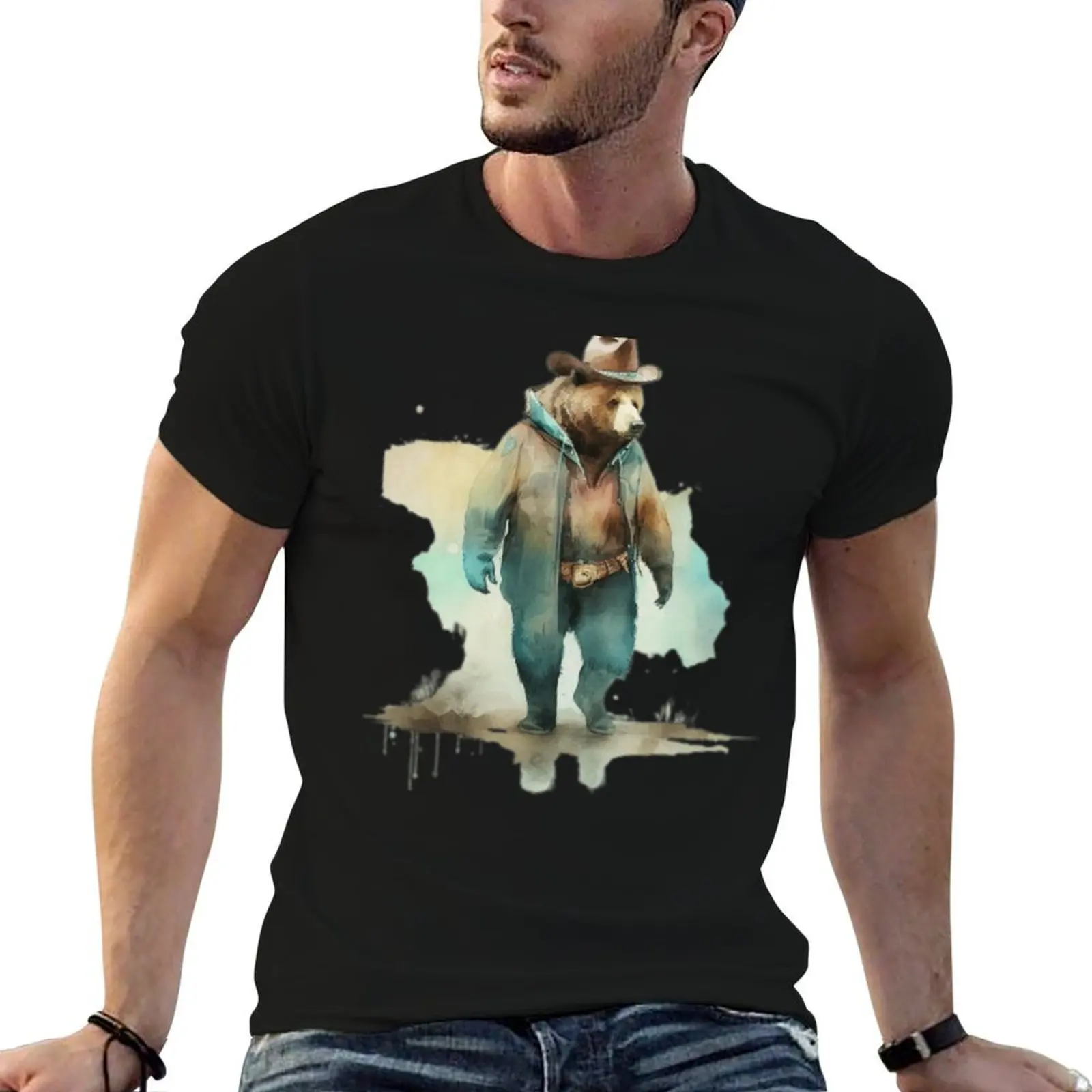 

graphic t t quality T-Shirt man shirts Cowboy shirt high t cotton man shirt Watercolor Bear cotton