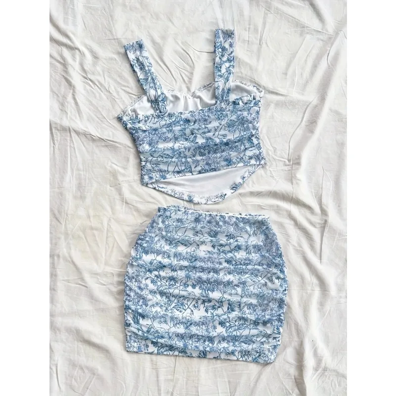 ฤดูร้อนผู้หญิงชุดว่ายน้ําบิกินี่ 2 ชิ้นแฟชั่นSuspenderพิมพ์Tie Up Hollow Out Slit Beach Holidayชุดว่ายน้ําสําหรับหญิง