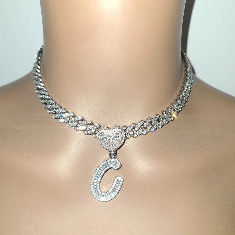 Iced Out Baguettecz Cubic Zirconia Initial Letter Pendant  with  Cuban Chain Necklace Hiphop Punk Jewelry For Gift