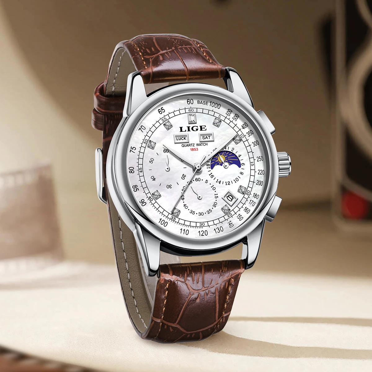 LIGE New 24 Hour Moon Phase Watch Men Fashion Business Brown Leather Watch For Men Sports Waterproof Men's Quartz Wristwatches