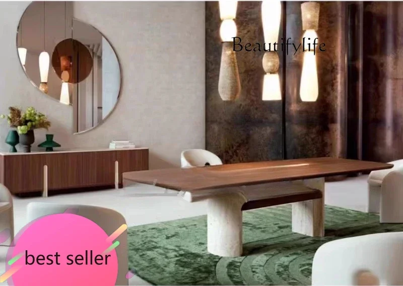 

NEW V Medieval Style Light Luxury Solid Wood Dining Table Design Villa Large Flat Floor Travertine Advanced French Dining Table