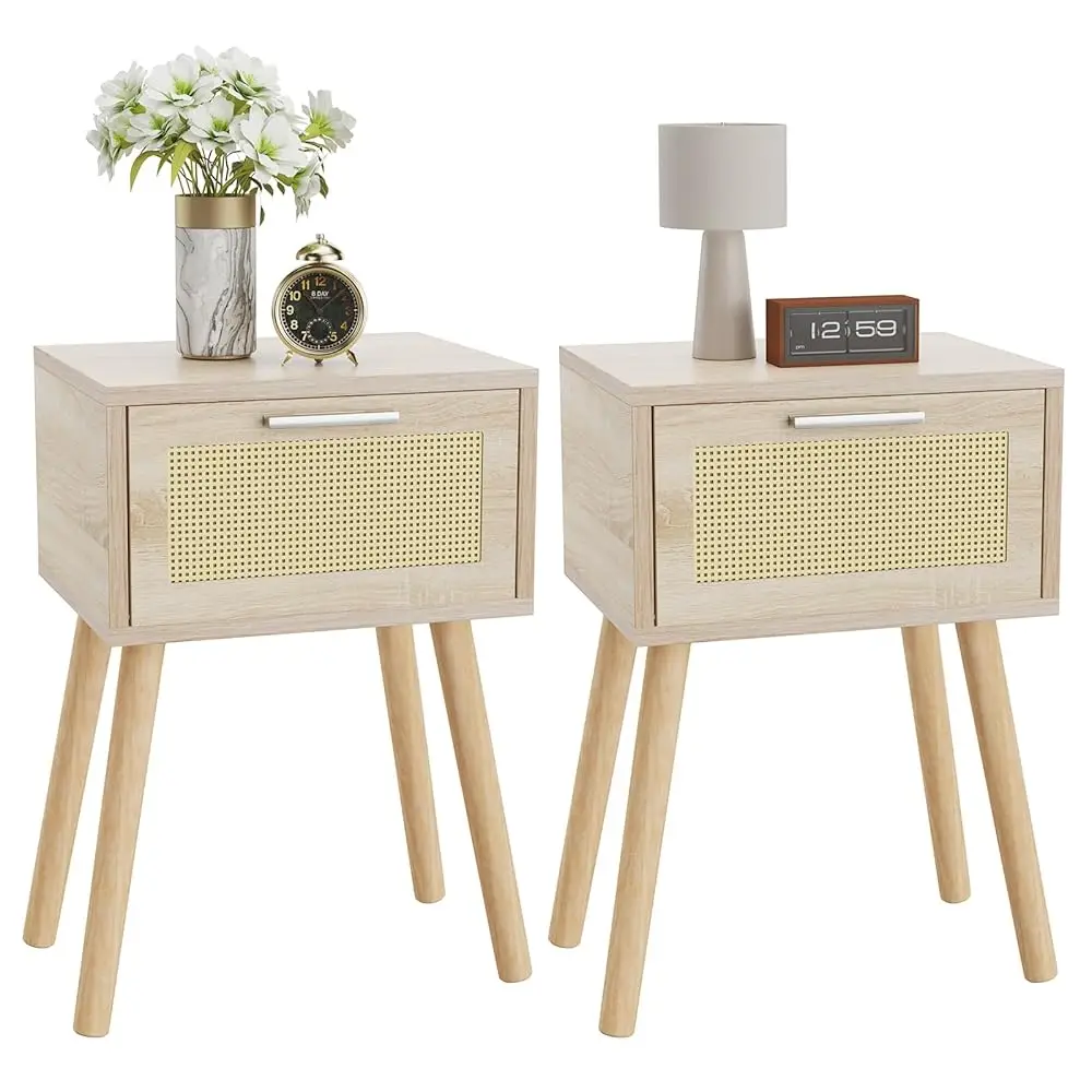 

Nightstand Set Of 2, End Table, Small Bedside Table, Handmade Rattan Decorated Drawer, Solid Wood Legs, Modern Side Table For