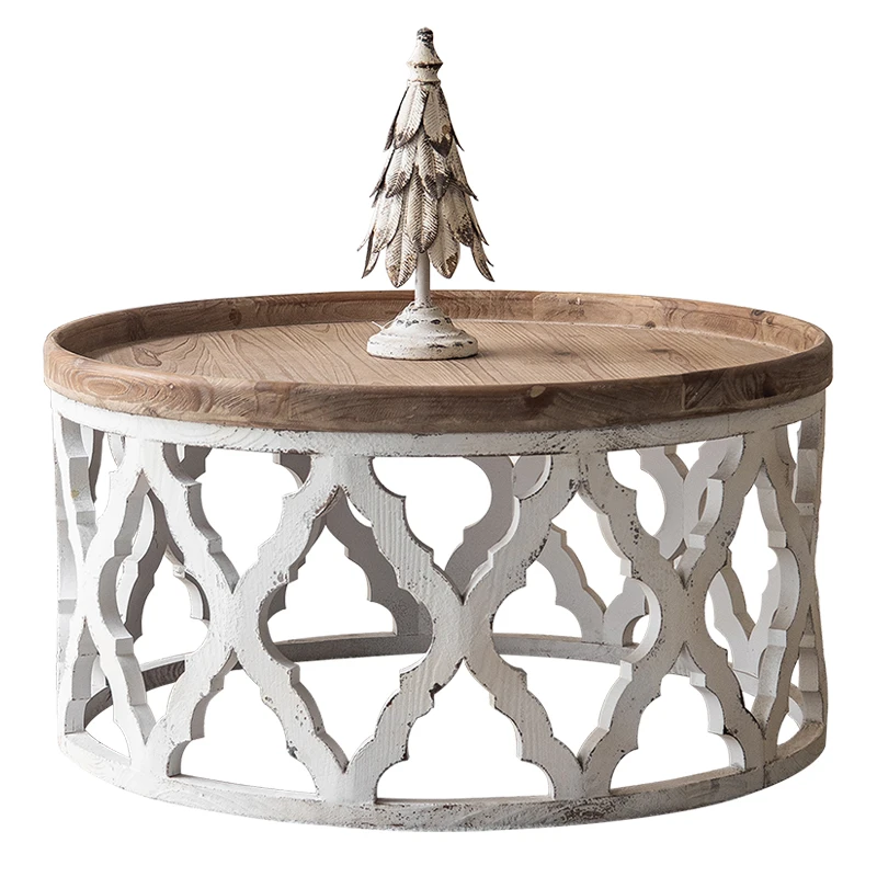 Round coffee table American retro small round table solid wood carving flower hollow edge few creative personality living