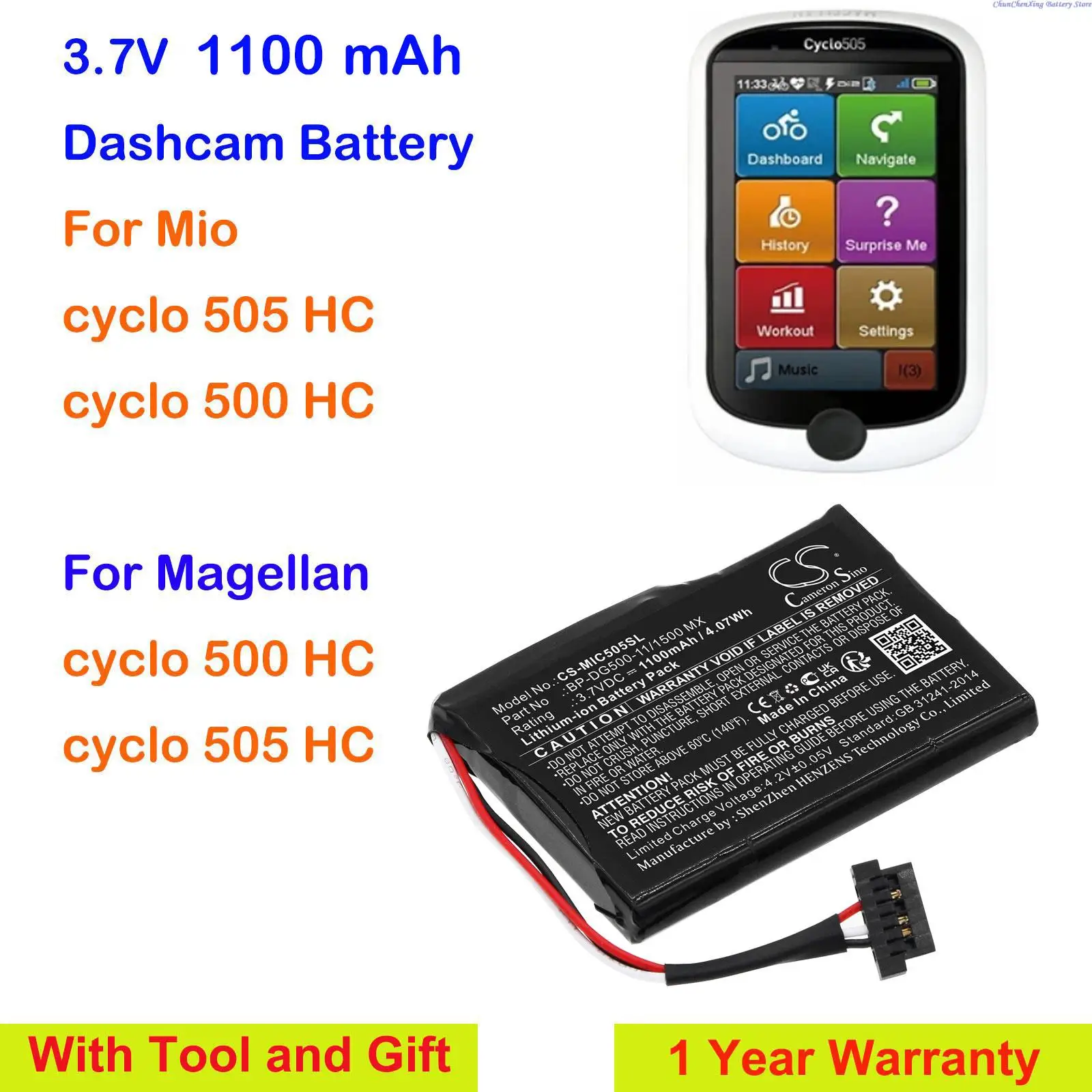 Cameron Sino 1100mAh Dashcam battery BP-DG500-11/1500 MX for Mio/Magellan cyclo 505 HC, cyclo 500 HC