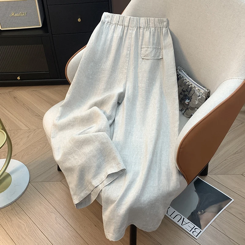 กางเกงขายาวผ้าลินินทรงตรงเอวสูงสำหรับผู้หญิง ป้องกันแสงแดด มีซิปและกระดุมเดี่ยว ทรงขาบาน