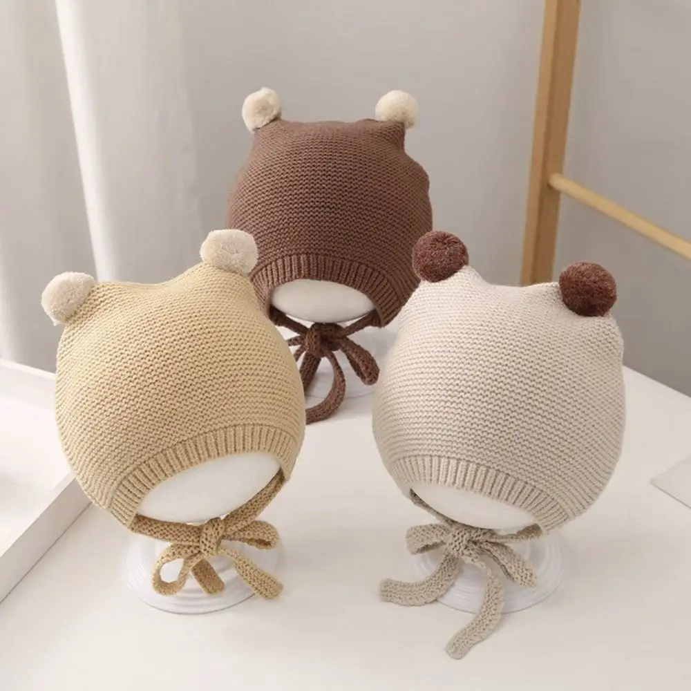 

3-24 Months Fashion Wool Ball Baby Winter Hats Tie Warm Knitted Cap Cute Cartoon Newborn Ear Protection Cap Infant