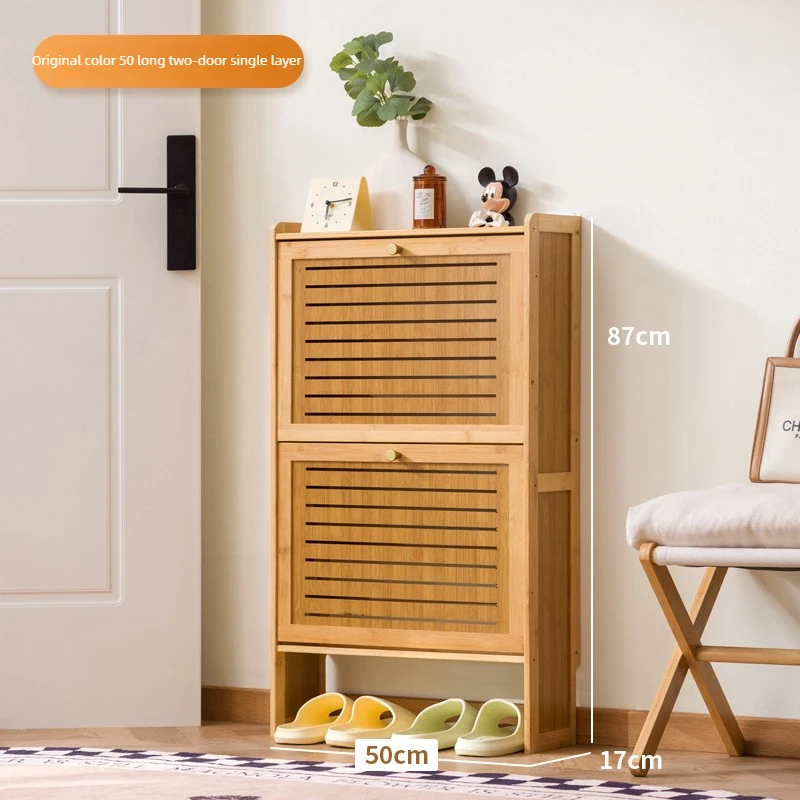Minimaal ultradunne houten schoenenkast, moderne multi-laagse opklapbare schoenenrek, bamboe schuifdeur wandkast