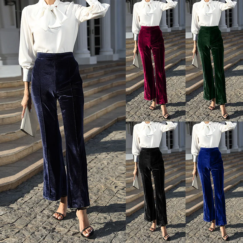 

New 2025 Spring and Summer Women's Clothing Collage Gold Velvet Micro-pull Pants High-waisted Casual Pants