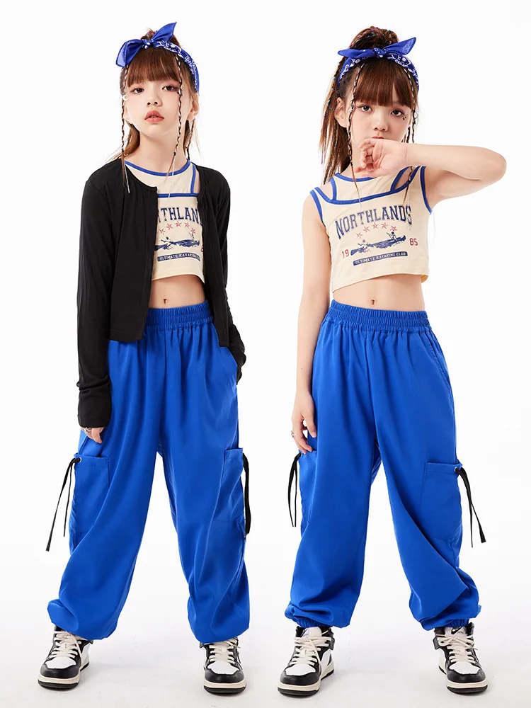 Kids Fashion Blue Casual T Shirt Pants Dancing Clothes Ballroom Jazz Hip Hop Costumes for Girls Dancewear Street Dance Wear Suit