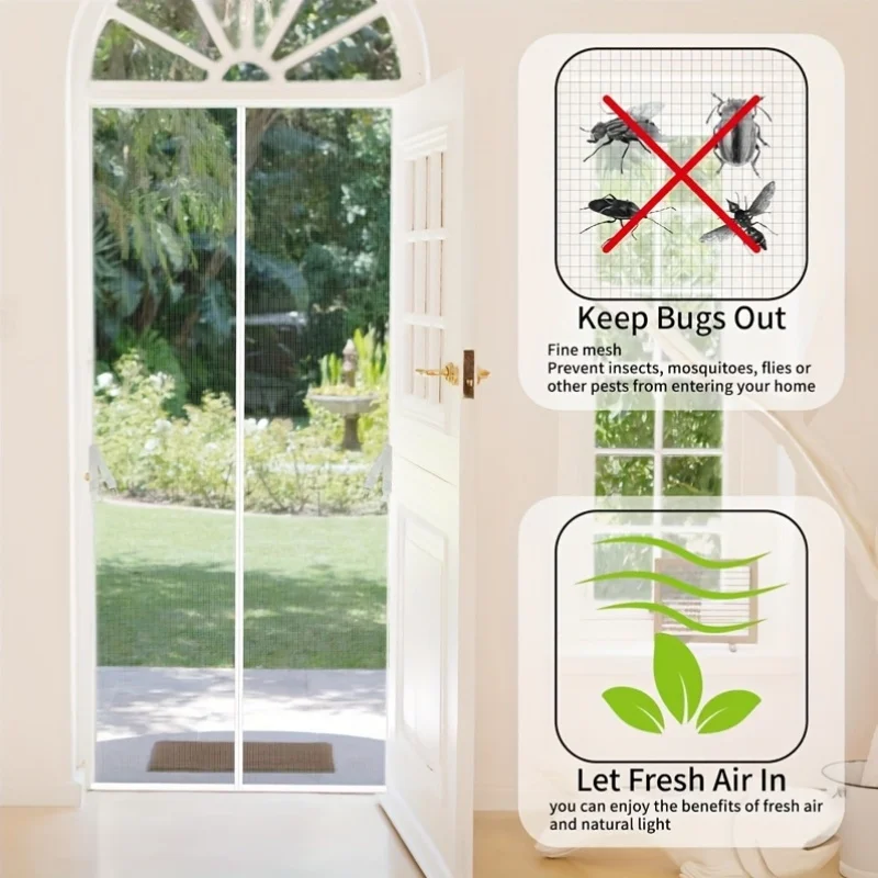

White Magnetic Door Curtain Thick Polyester Mesh Storage Tabs Washable No Drill Living Room 4 Season Hanging Straps