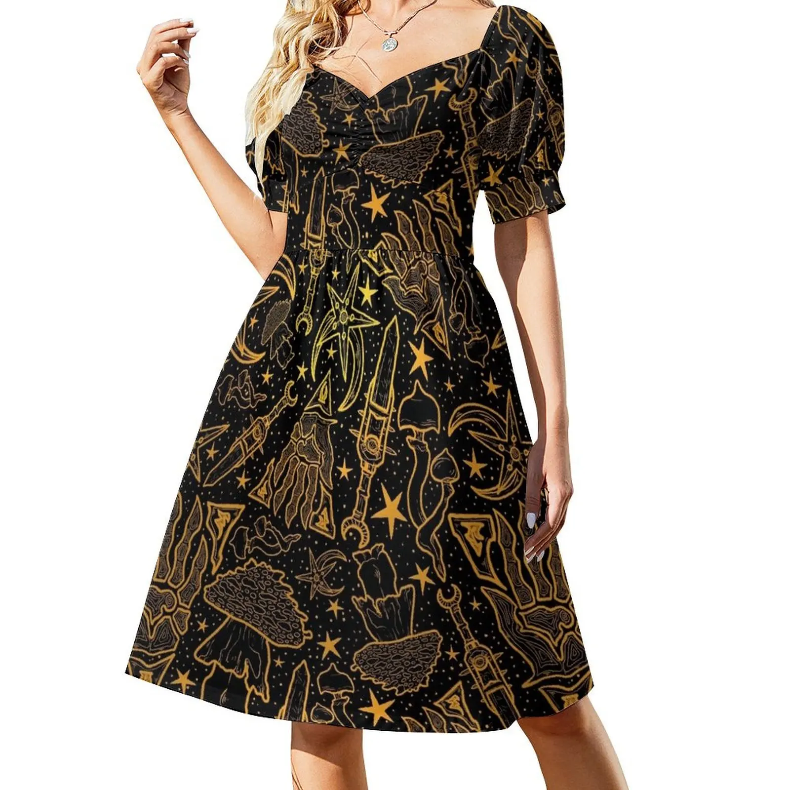 

Nerevar's Incarnate Morrowind Gold Pattern GOTY Edition Inspired Scrolls Elder Online Fantasy RPG Dunmer Short Sleeved Dress