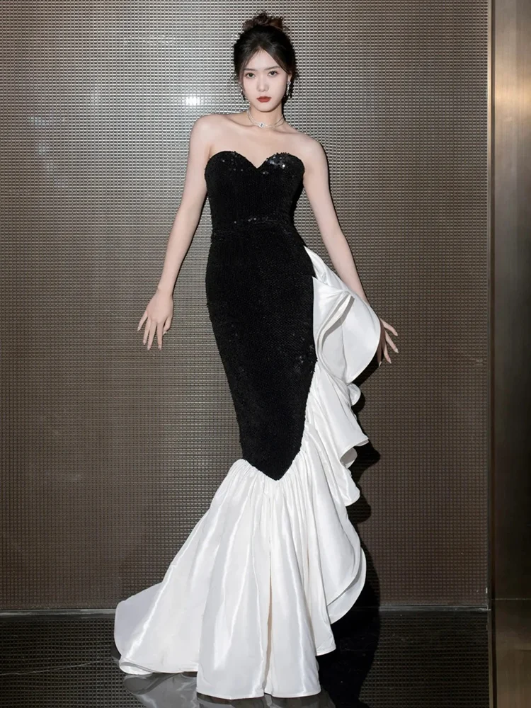 

Adult Women's Bla Sequin Tail Evening Gown Host aduation Art Exam Cus Made Engagement Dr Korean Sle Wedding Dr