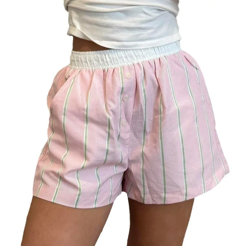 Summer Women's Striped Elastic Shorts Comfortable And Loose-fitting Beach Shorts With Loose Buttons Ladies' Boxer Shorts At Home