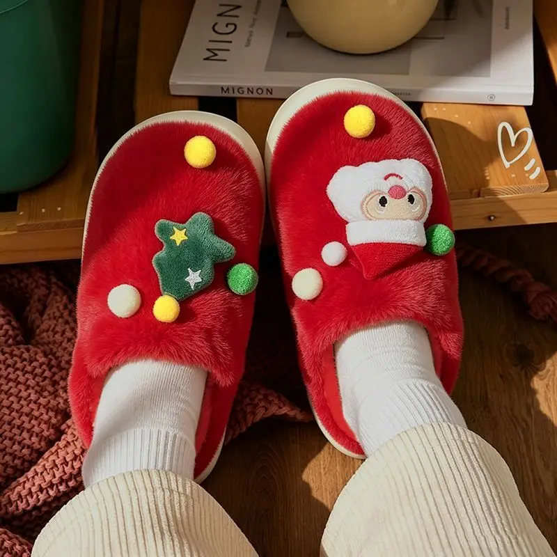 Christmas Women's Plush Home Slippers 2026 New Warm and Comfortable Home Anti Slip Couple's Holiday Slippers