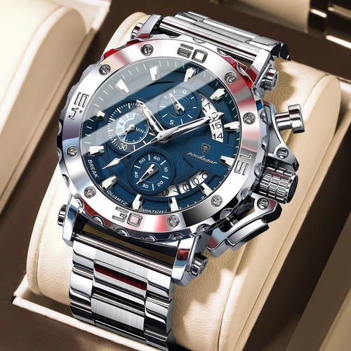 Imagen 2 del producto Reloj deportivo POEDAGAR para hombre, calendario, luminoso, resistente al agua, cronógrafo, reloj de pulsera de cuarzo de acero inoxidable para hombre.