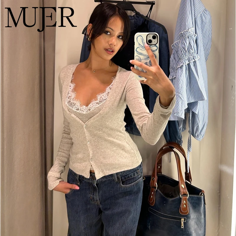 MUJER dentelle recadrée Cardigan femmes boutonné hauts en tricot femme Vintage tricots à manches longues tricoté Cardigans pulls pour les femmes