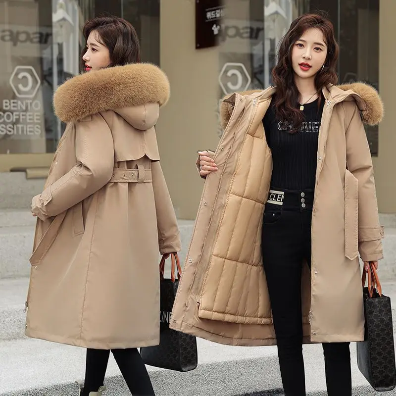 2025 New Winter Coat Down Padded Jacket Women Parkas Fur Collar Thick Hooded Cotton Coats Black Casual Outerwear Female Clothes