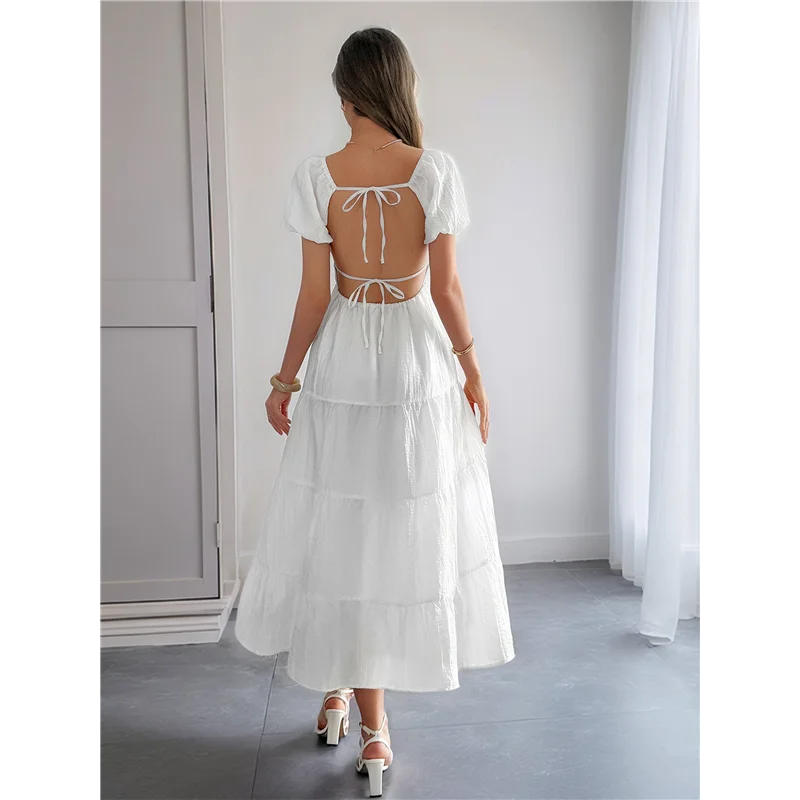 CYL-Women's Summer Casual Midi Dress Puffy Short Sleeve V-Neck Smocked Tiered Ruffle Dresses