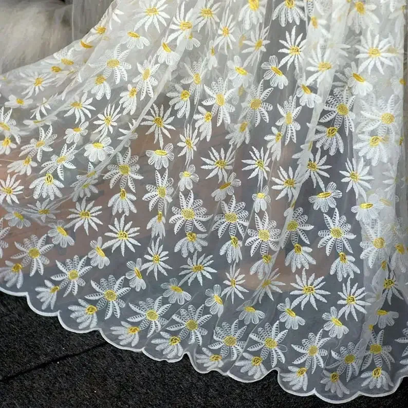 

Beautiful White-Yellow Daisy Lace Fabric, Daisy Embroidered Tulle Fabric For Weddings, Birthday Dress, Bridal Dress,Girl dress