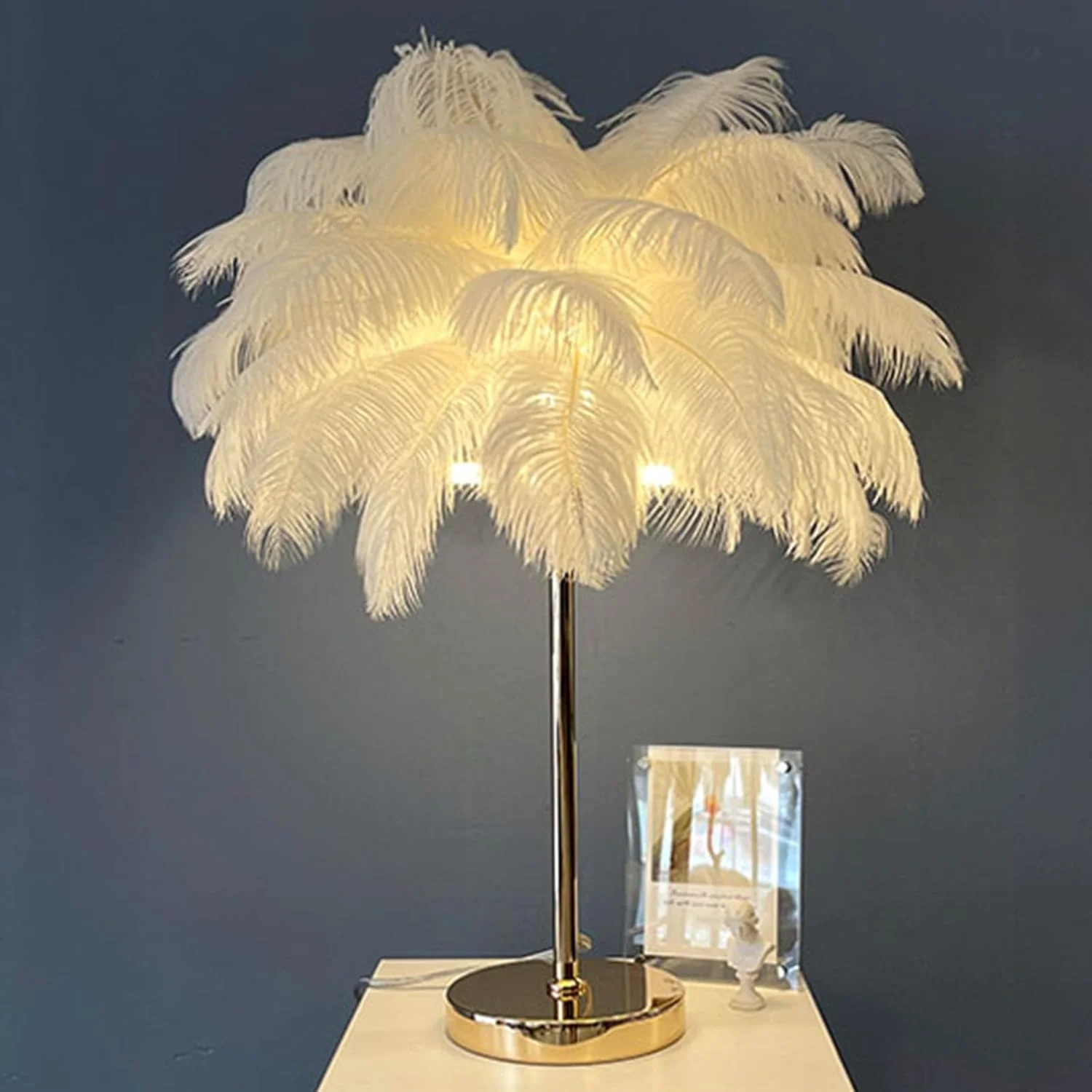 Natural  Feather  with Plug in Wire,Modern Feather Lamp 3-Light Bedside ,Golden Lamp Body,Bulb Included,for Bedroom Nightstand L