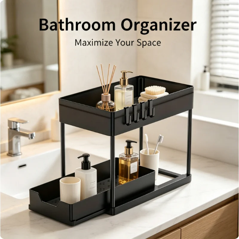 Organizzatore a 2 livelli sotto il lavello, cestello scorrevole per armadietto, scaffale portaoggetti con ganci, porta tazze, organizer per bagno e cucina