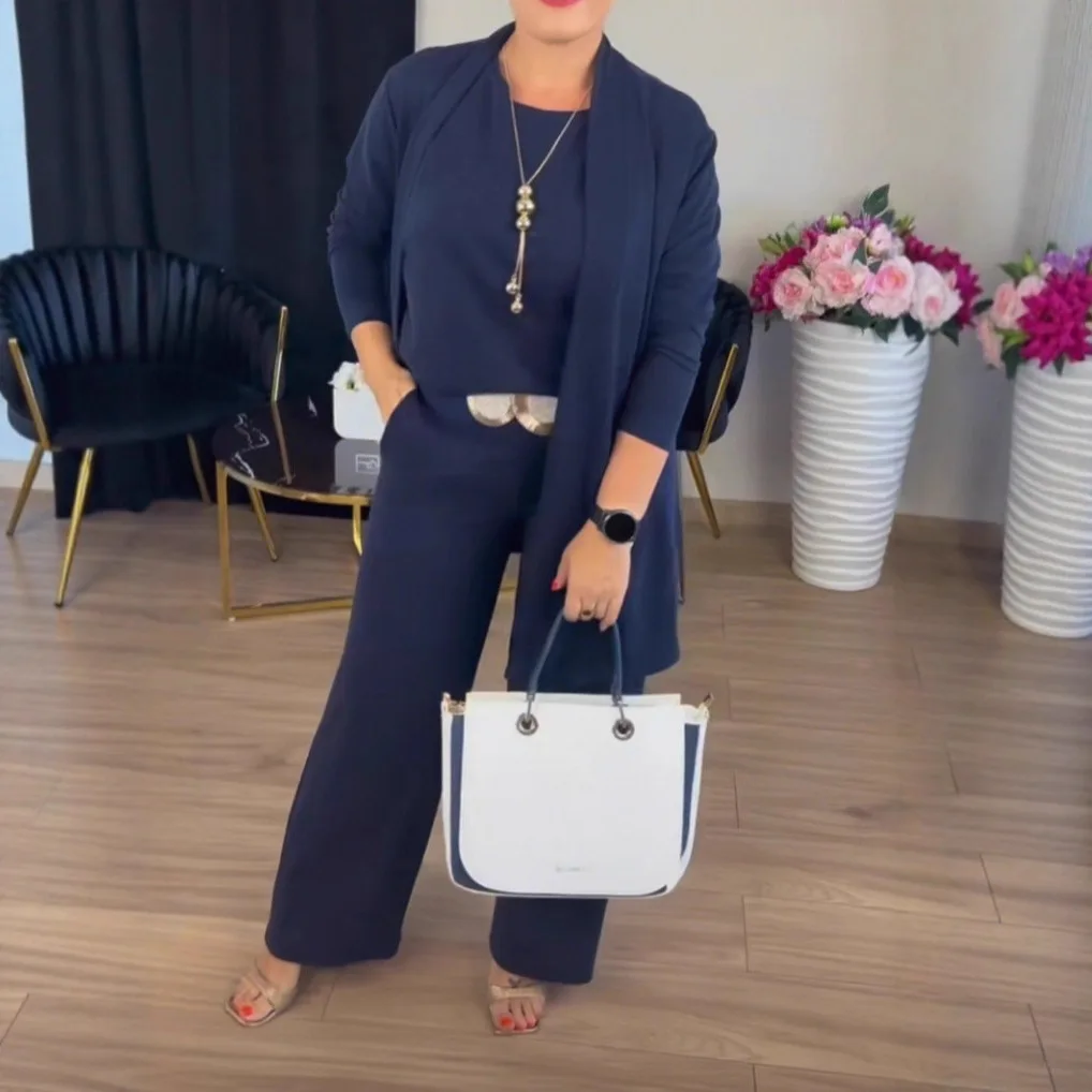 

Women's Elegant Clothing 3 Pieces Set Autumn White Long Cardigan Coat Wide Leg Long Pants Sets T-shirt Three-piece Outfit Female