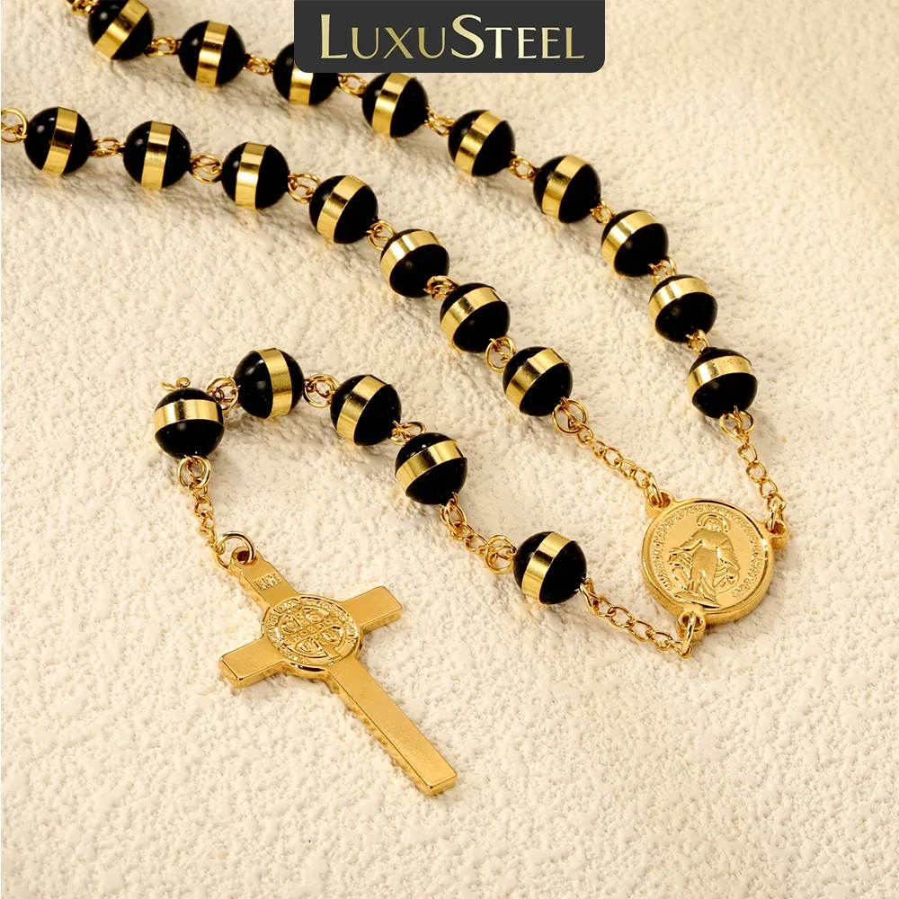 LUXUSTEEL الفولاذ المقاوم للصدأ قلادة طويلة مريم العذراء الصليب قلادة مع 35 سنتيمتر + 15 سنتيمتر موسع سلسلة من الخرز مجوهرات