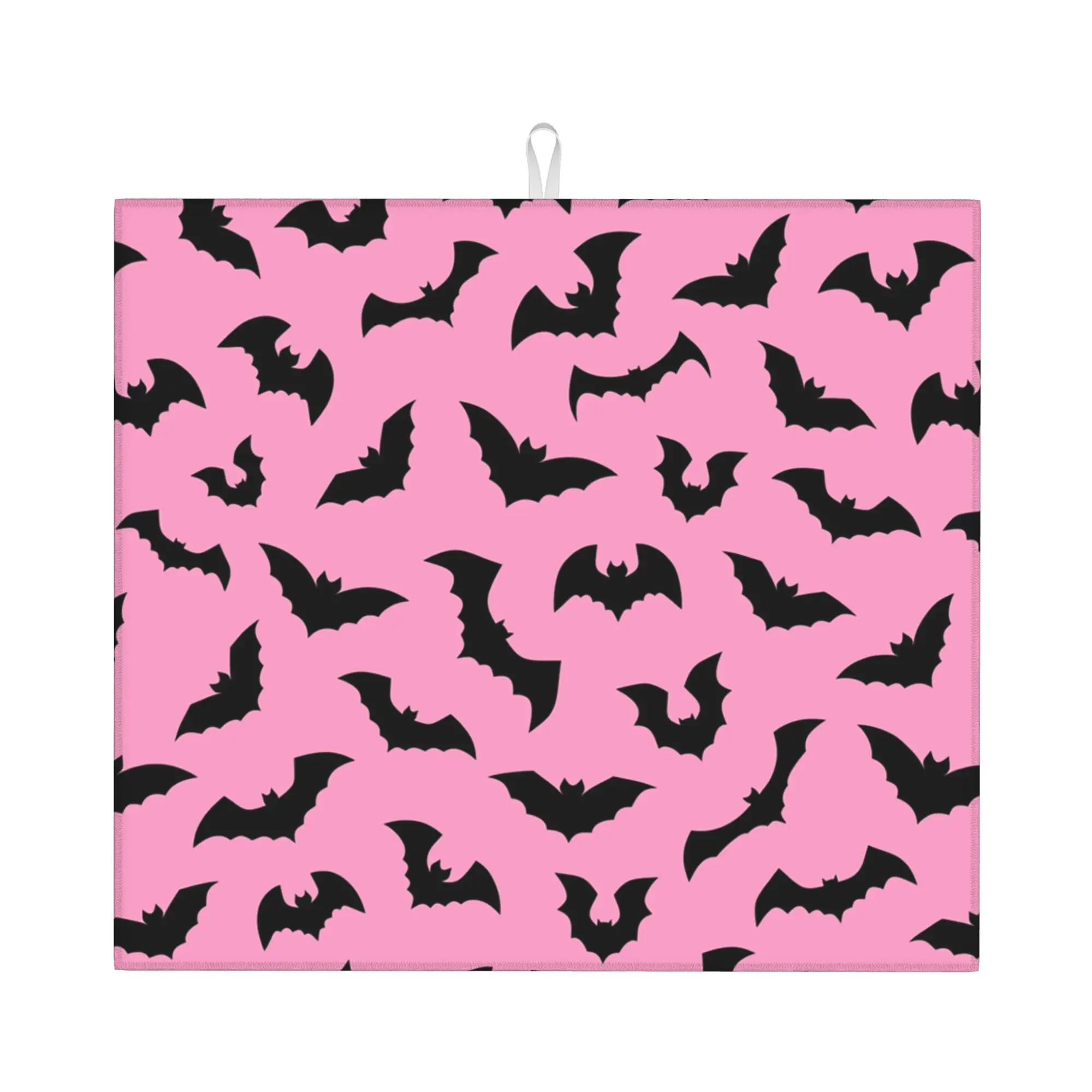 Drying Mat For Kitchen Pastel Goth Pink Black Bats Water Absorbent Halloween Witch On Slip Kitchen Counter Protector Mat