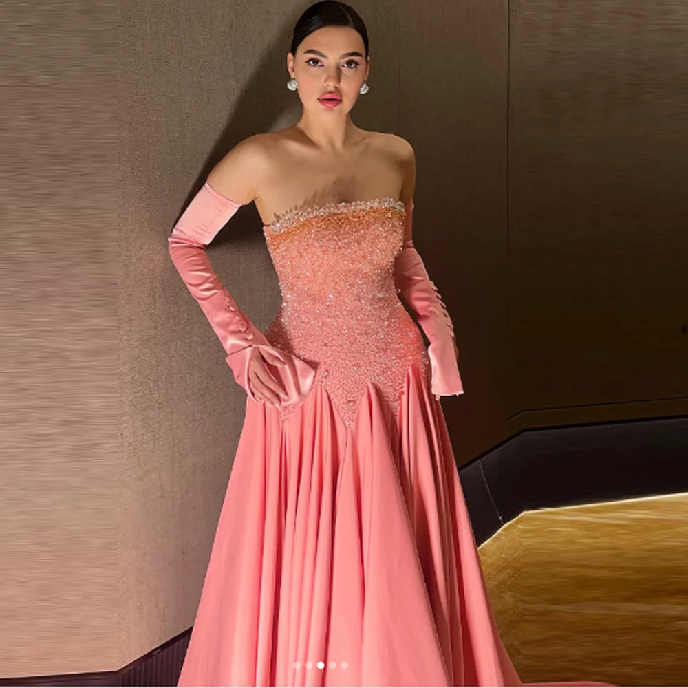 تخصيص كلاسيكي الوردي جيرسي مساء اللباس الرسمي حمالة أكمام فساتين لحضور الحفلات الموسيقية حساسة ألف خط الديكور فساتين المشاهير