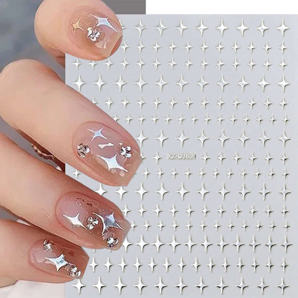 12/6/4Pcs Y2K Black White Cross Starlight Nail Sticker Gold Silver Laser Glossychic Star Adhesive Decals Stars Manicure Sliders
