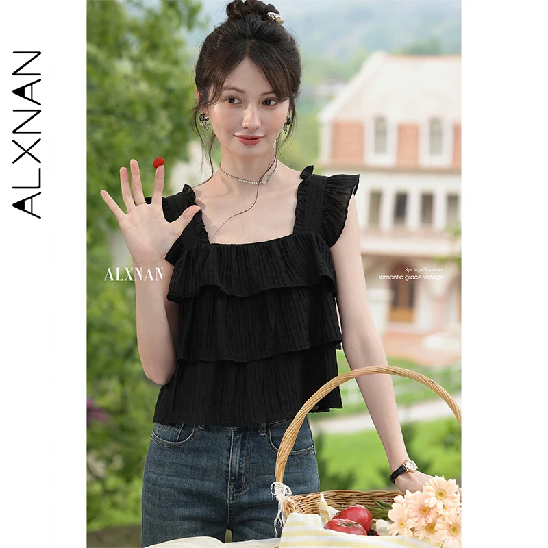 

ALXNAN женские черные топы на бретелях, короткие элегантные милые повседневные камзолы, тренд 2025, летний хлопковый праздничный топ без рукавов, женский L55637