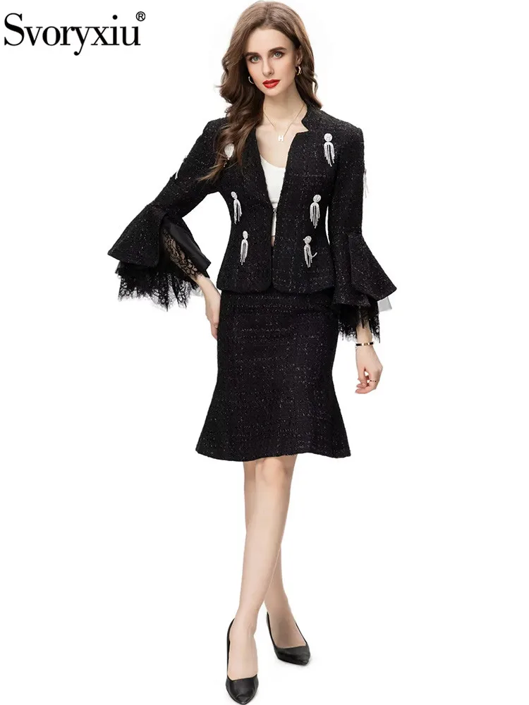 Svoryxiu Autumn Fashion Black Elegant Half Skirt Suit Women's Stand Collar Crystal Lace Flounces Sleeve Coat+Slim Fishtail Skirt