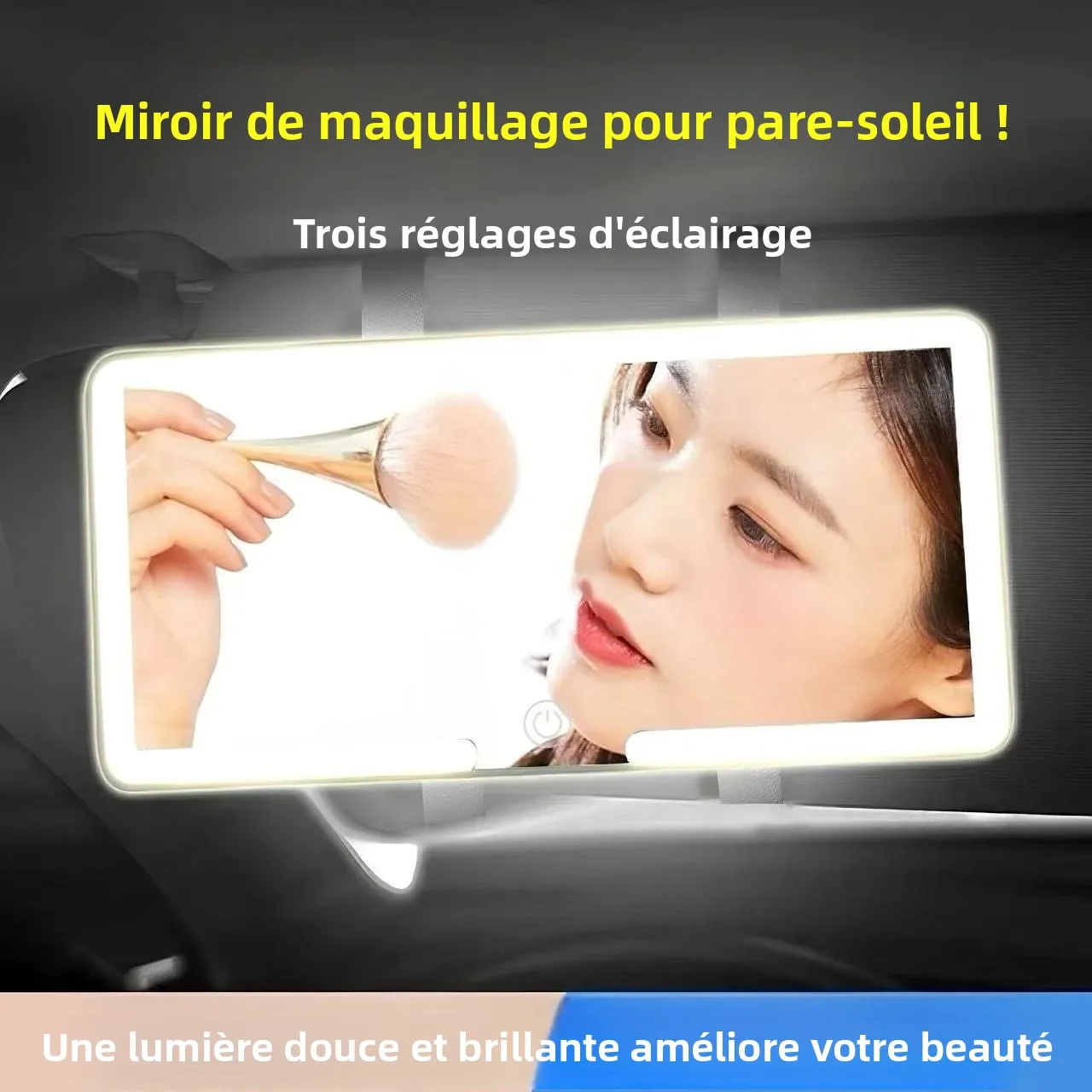 Miroir de maquillage portable rechargeable à LED pour pare-soleil de voiture, 3 réglages d'éclairage, miroir cosmétique universel pour décoration intérieure de voiture