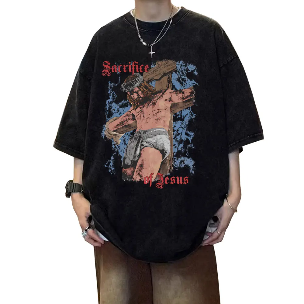 

Christian Religious Sacrifice of Jesus Vintage Washed T-shirt Men Women Gothic Rock Oversized T Shirts Men's Fashion Streetwear