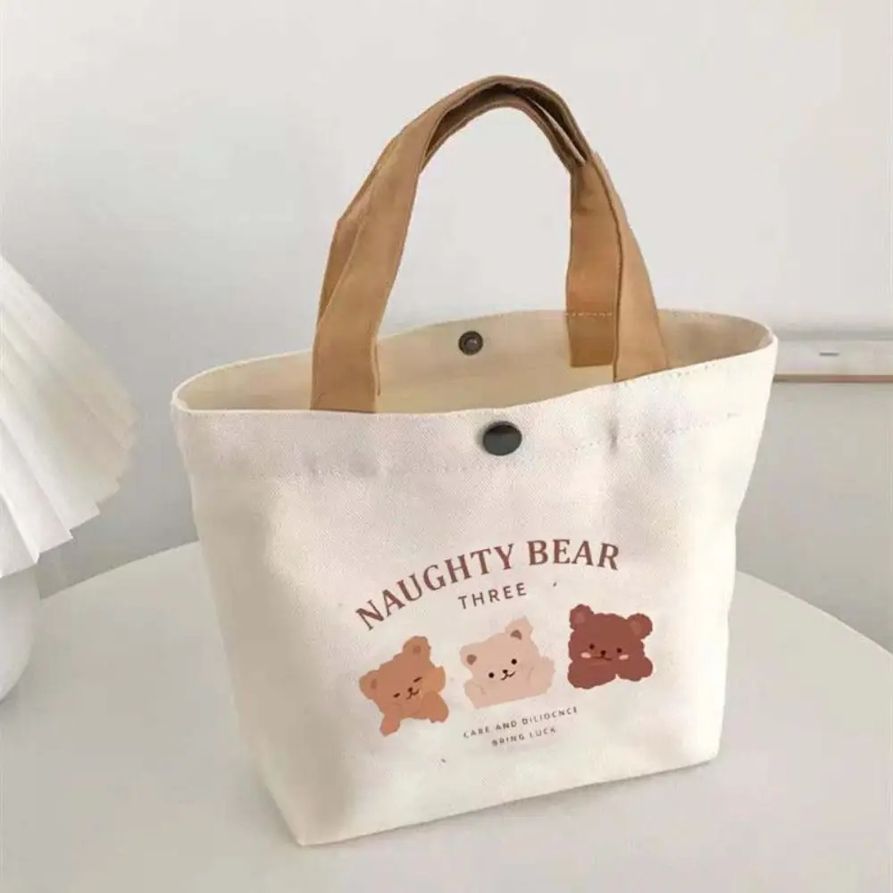 Cute Bear Canvas Women Tote Food Bag Japanese Peach Lunch Bag Korean Mini Handbags Lunch Box Cloth Picnic Travel Storage Bags