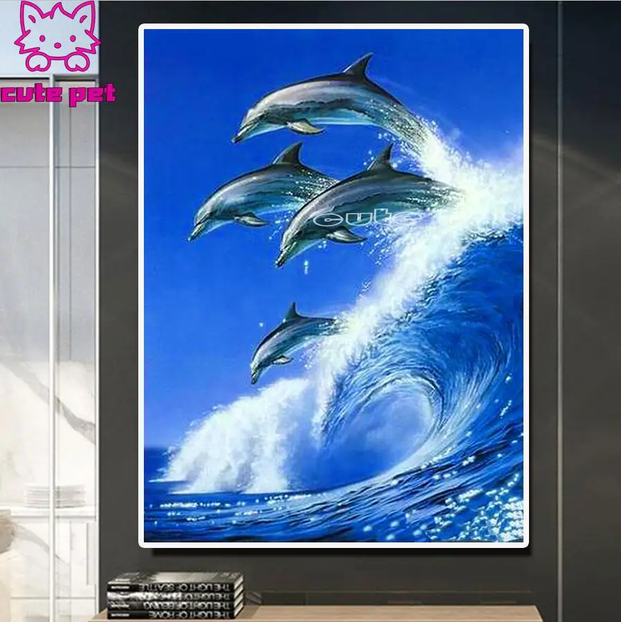 Dolphin jumps diy full square round drill diamond painting 5d diamond mazayka embroidery crystal painting mosaic wall decor